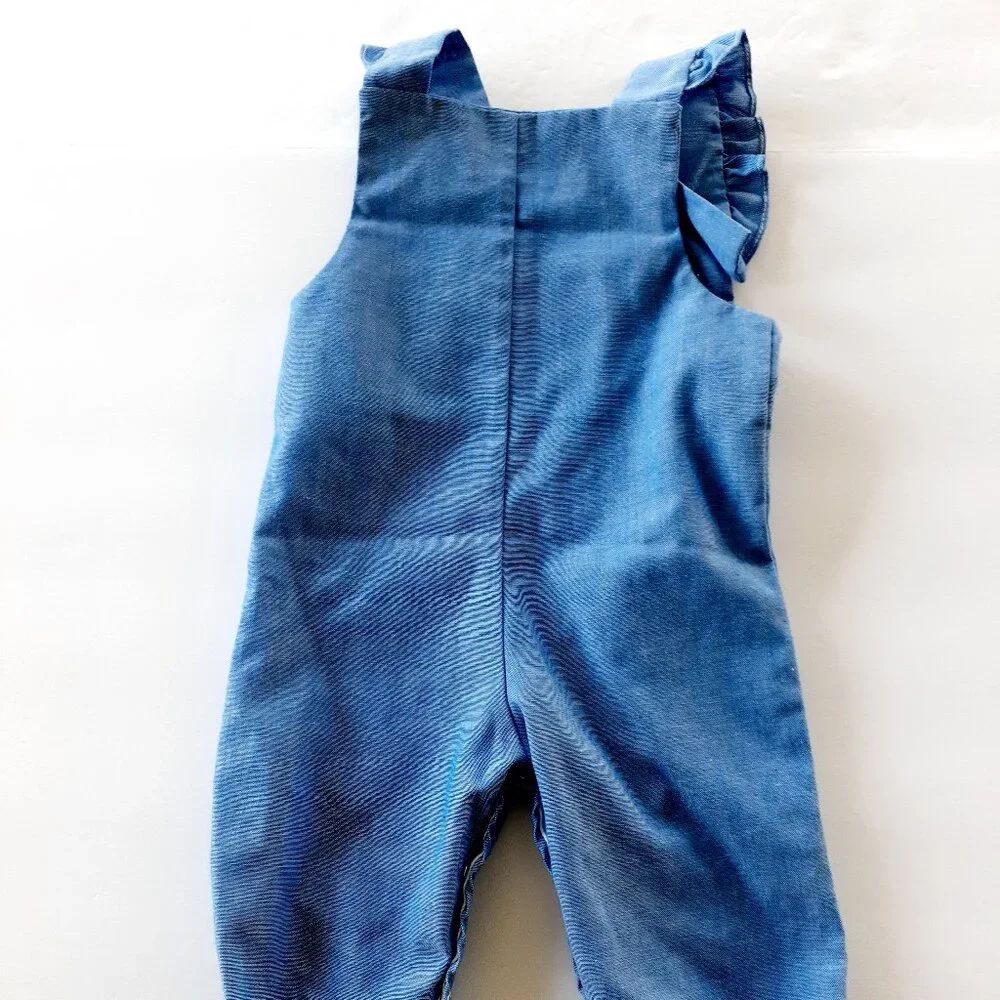 Vintage Girls Romper Overall Chambray Ruffle Maggie Mackall Blue Small 6 Months